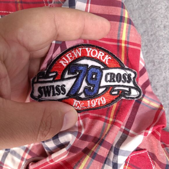 Swiss Cross Shirt Mens Medium Red Plaid Button Down New York Short Sleeve Preppy - Picture 7 of 16